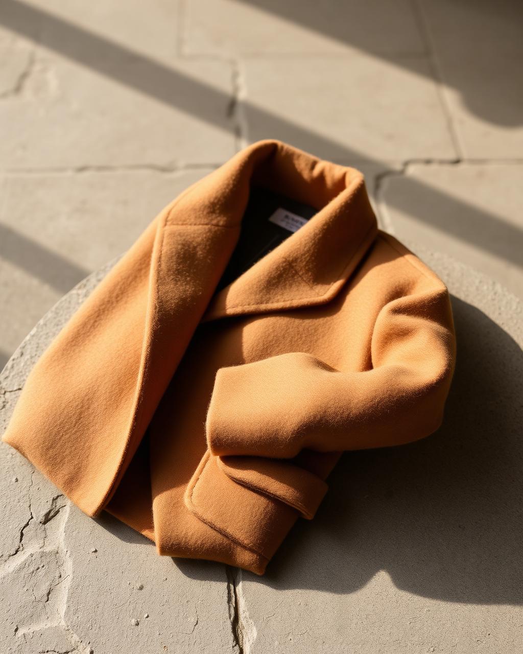 Folded camel cashmere coat on a stone surface