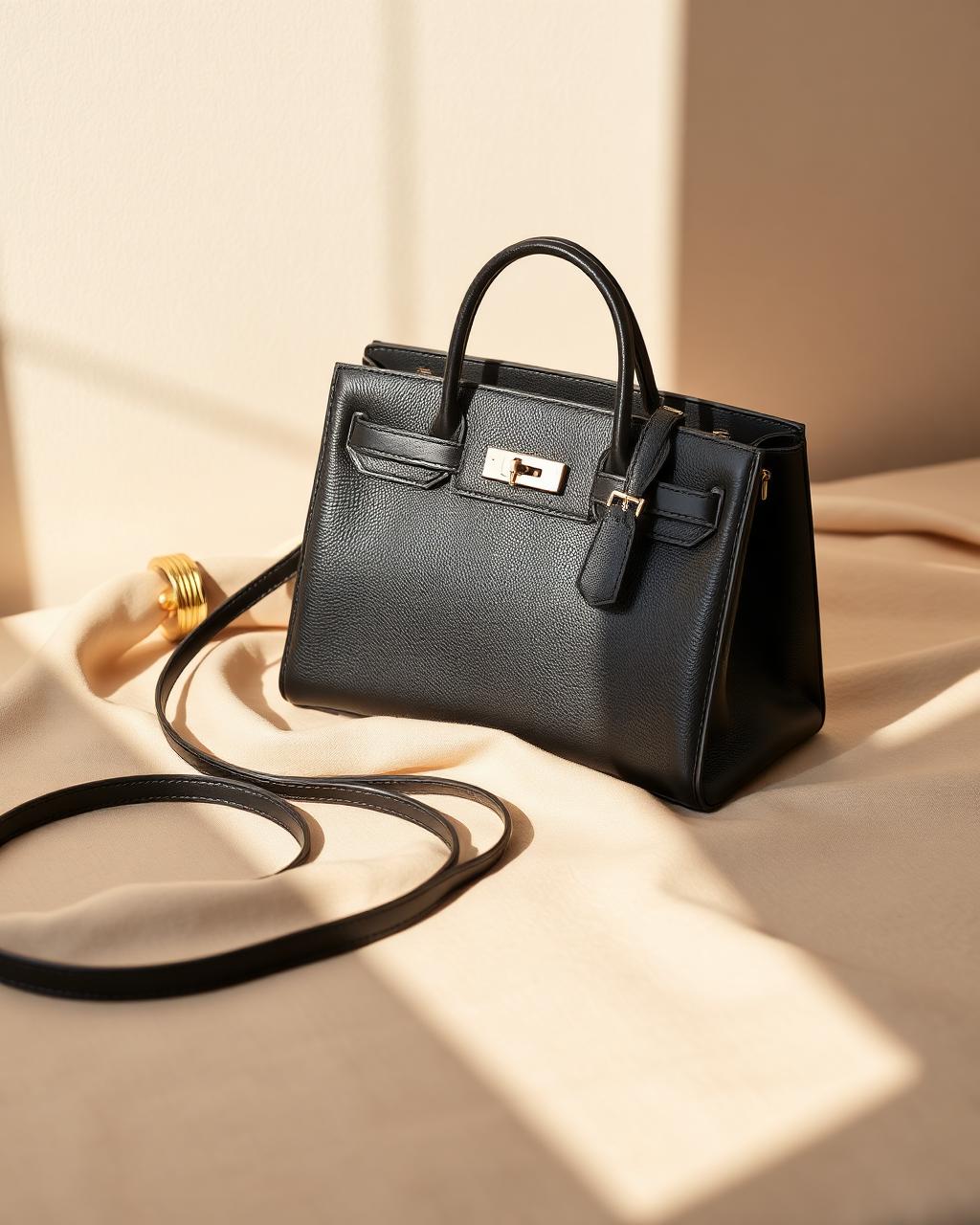 Black leather handbag with gold hardware on linen