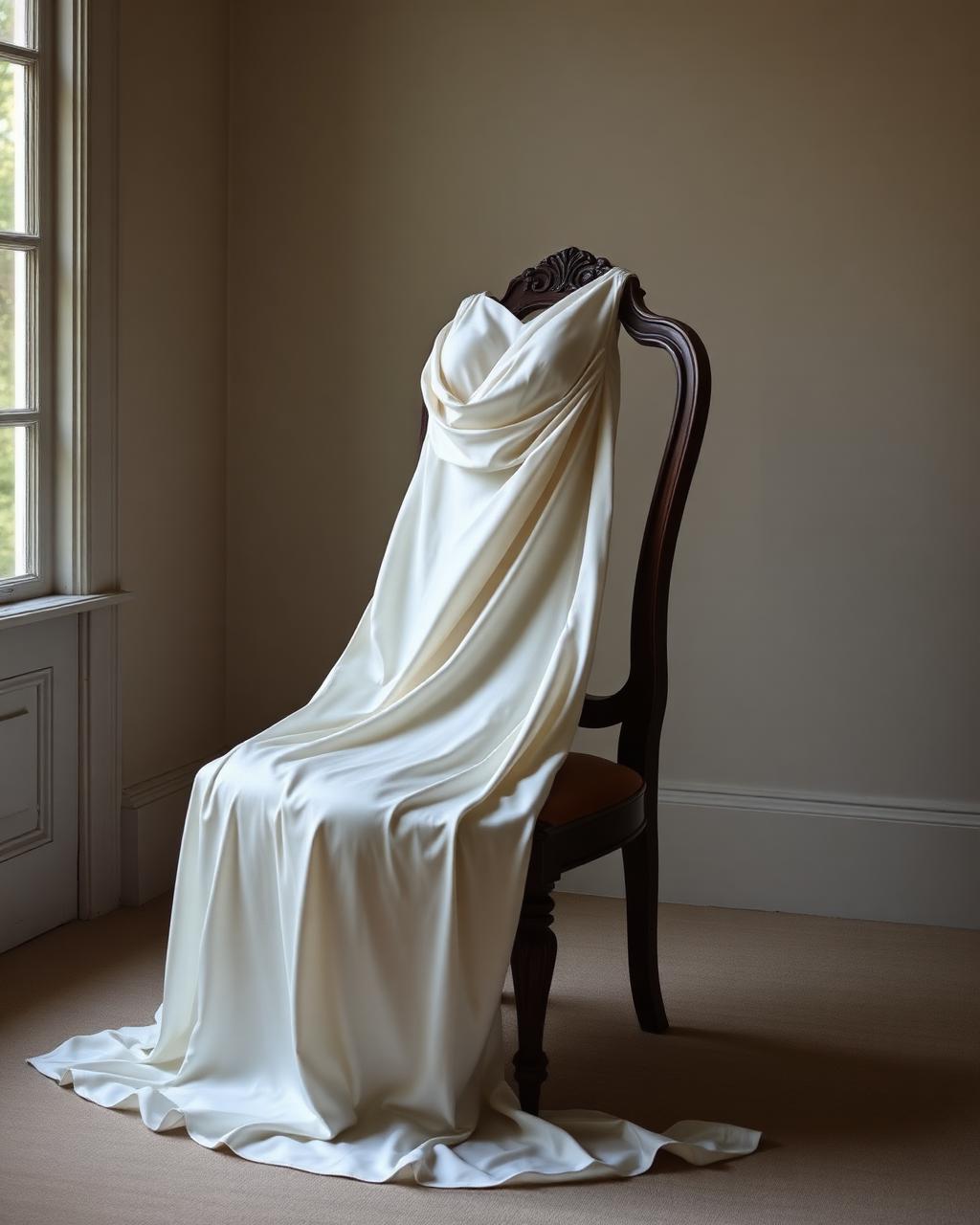Draped ivory silk evening gown on an antique chair