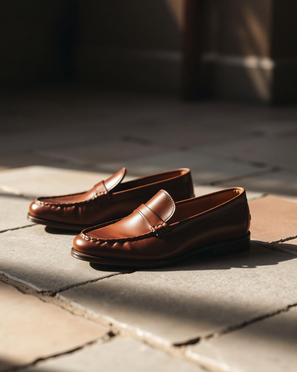 Pair of brown leather loafers on a stone floor