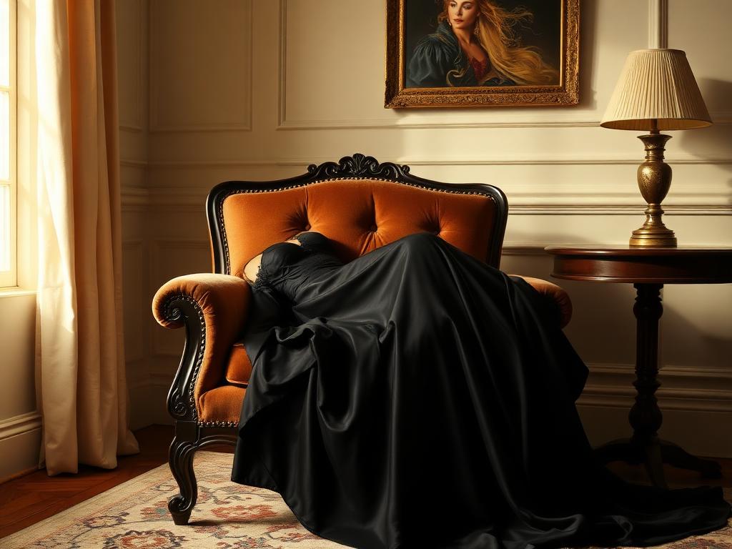 Evening gown draped over an antique chair